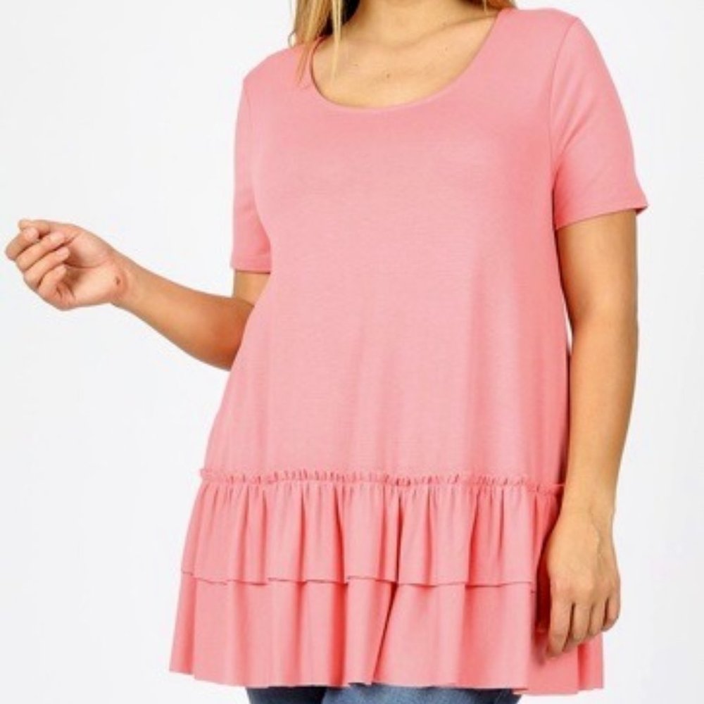 Short Sleeve Round Neck Ruffle Bottom Top